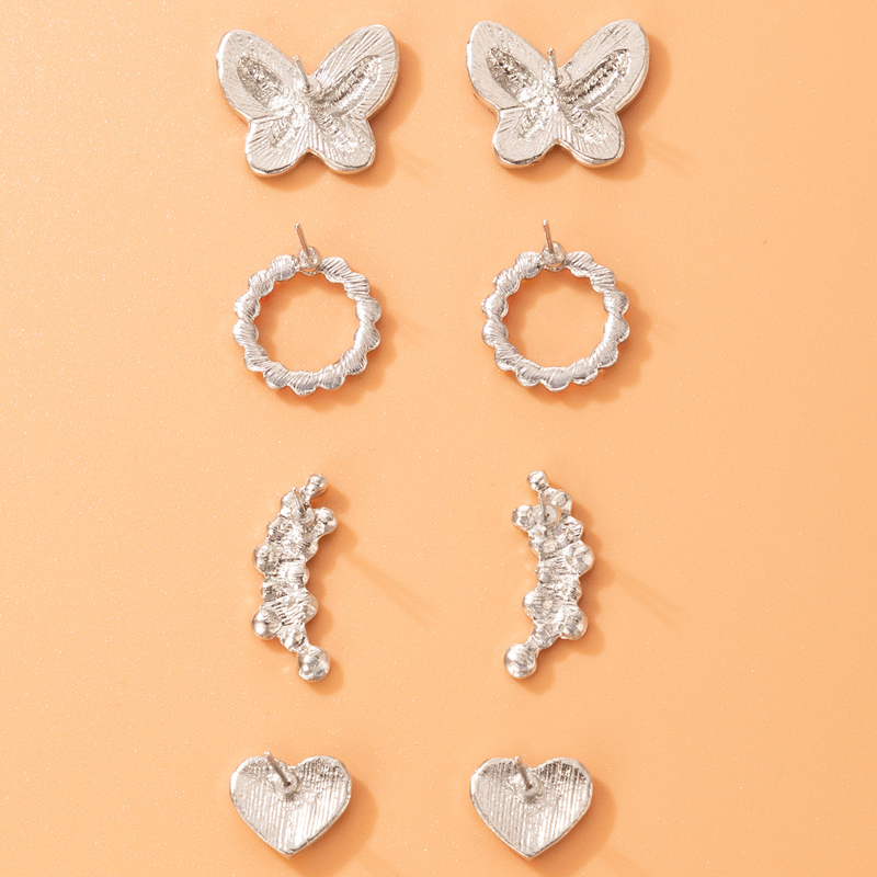 Simple Irregular Color Diamond Butterfly Heart Stud Earrings Four-piece Set display picture 5