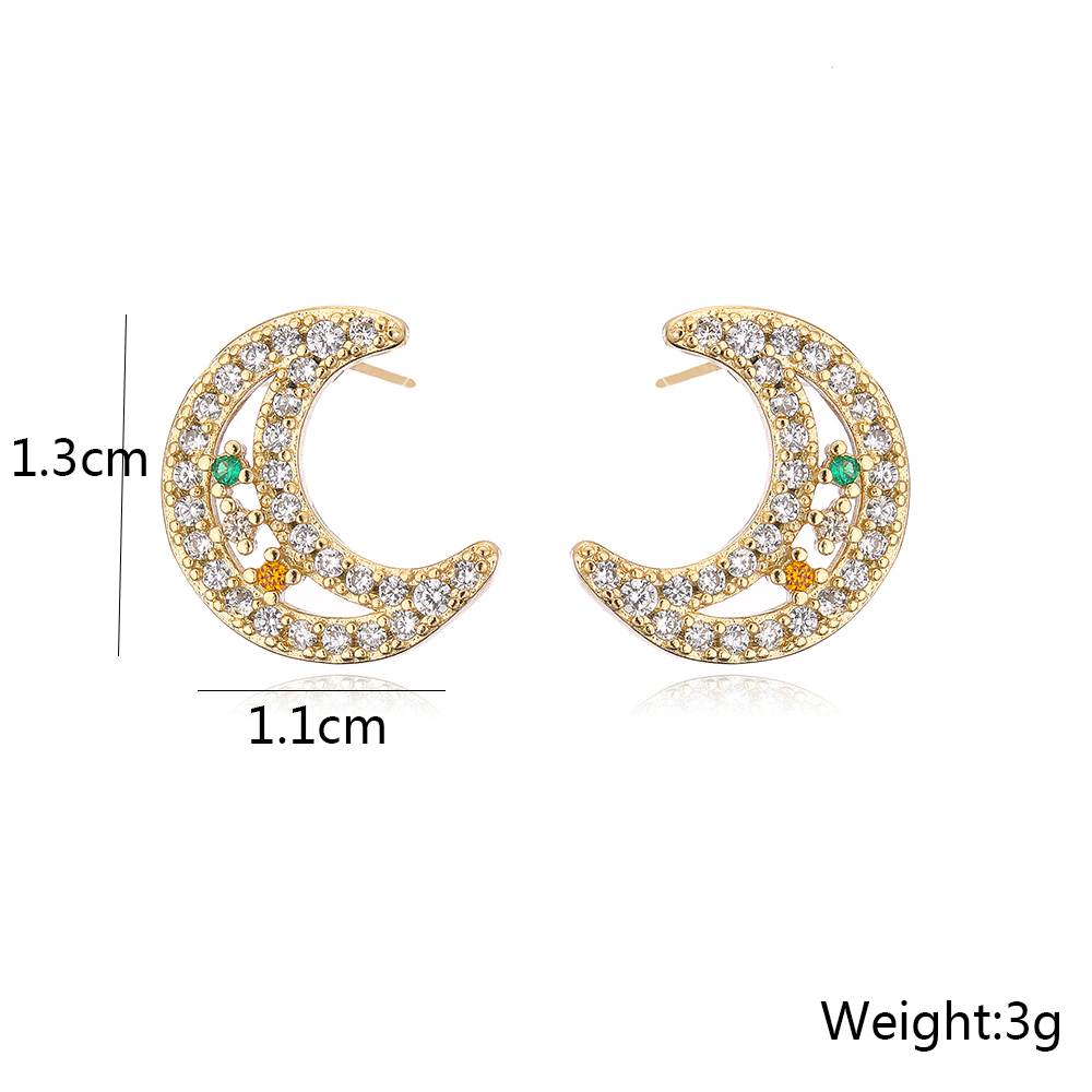 Fashion Plated 18k Gold Micro Inlaid Zircon Moon-shaped Copper Ear Stud Earrings display picture 5