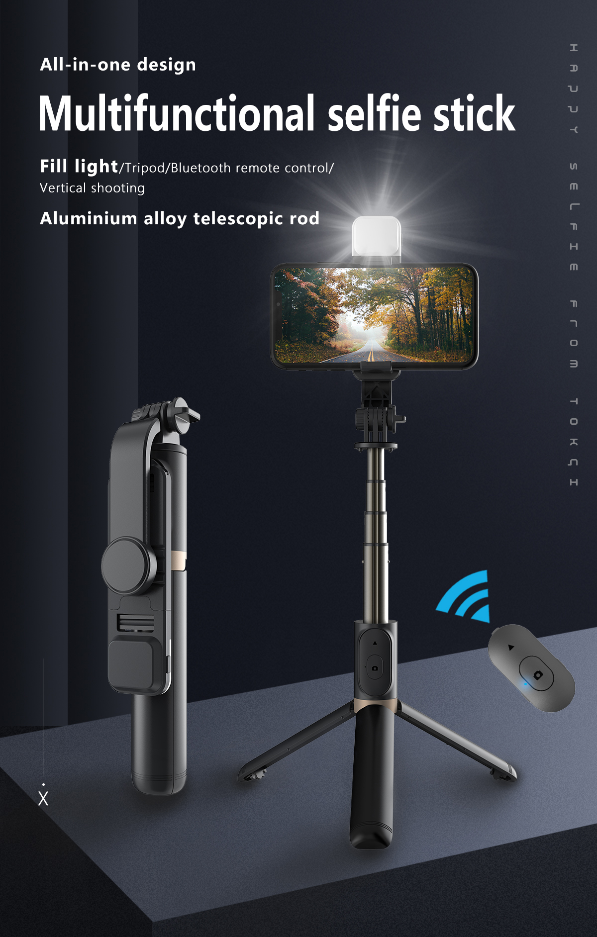 Einfache Stil Licht Ergänzung Handy Drahtlose Bluetooth Selfie Stick display picture 1