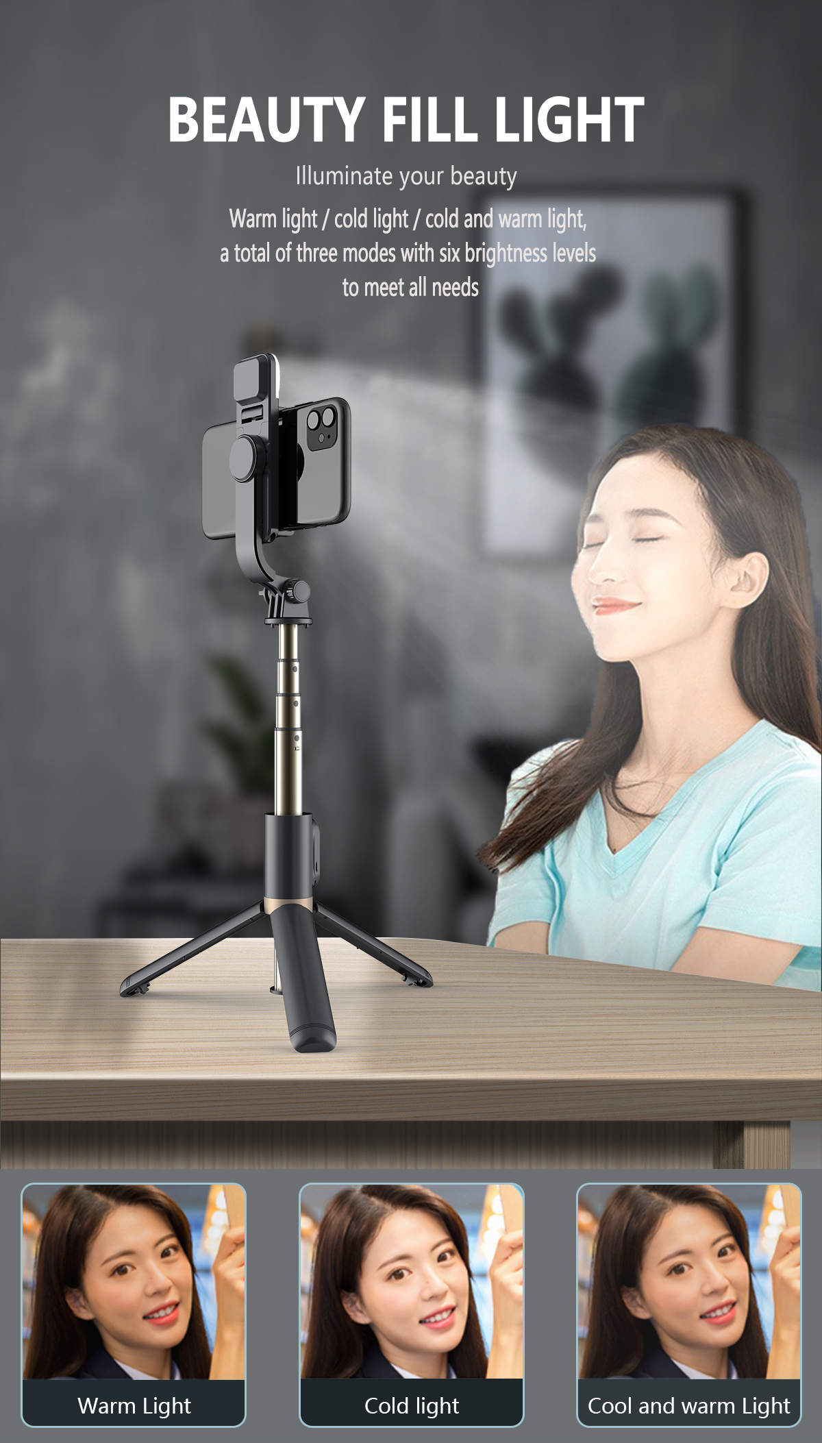 Simple Style Supplement Light Mobile Phone Wireless Bluetooth Selfie Stick display picture 2