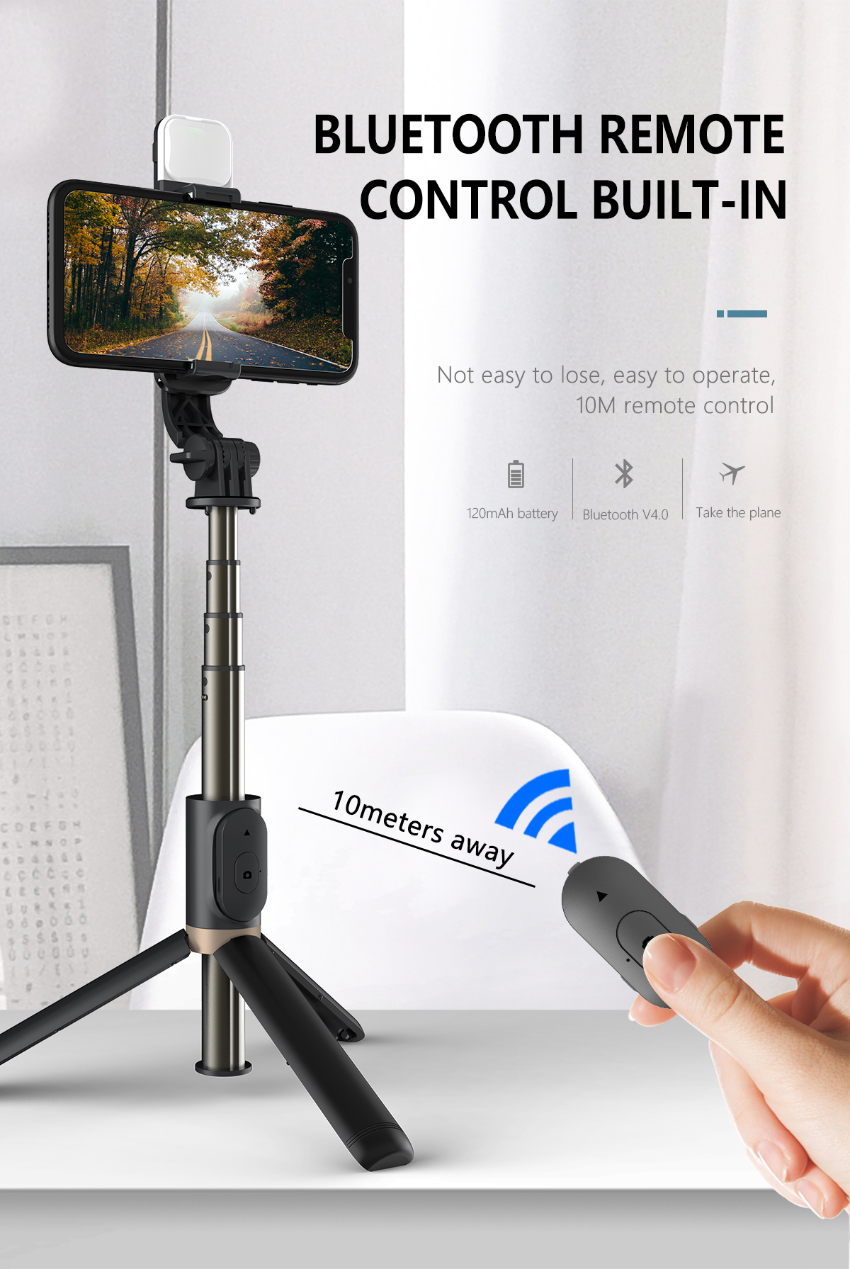 Einfache Stil Licht Ergänzung Handy Drahtlose Bluetooth Selfie Stick display picture 4