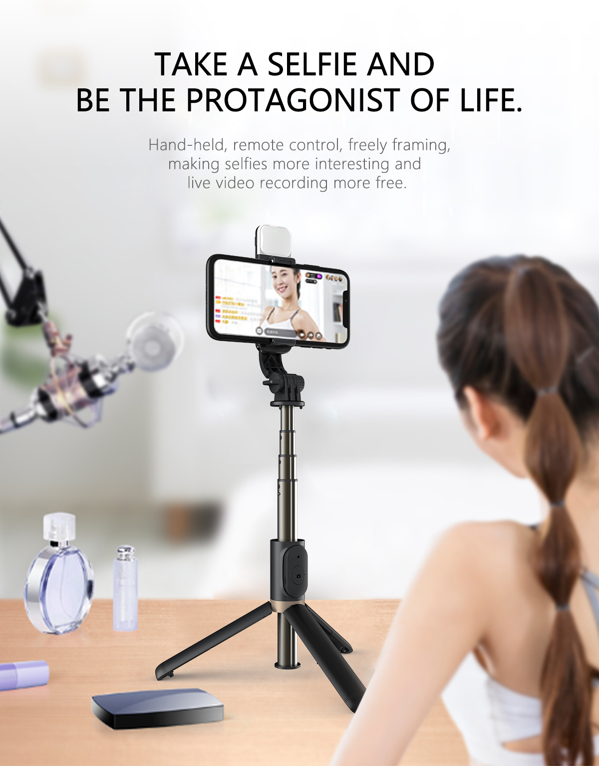 Simple Style Supplement Light Mobile Phone Wireless Bluetooth Selfie Stick display picture 8