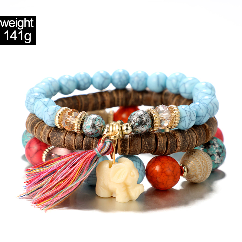 New Bohemian Style Tassel Small Elephant Wooden Beaded Bracelet 3 Pieces Set display picture 1