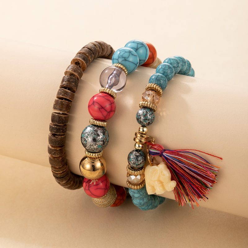 New Bohemian Style Tassel Small Elephant Wooden Beaded Bracelet 3 Pieces Set display picture 2