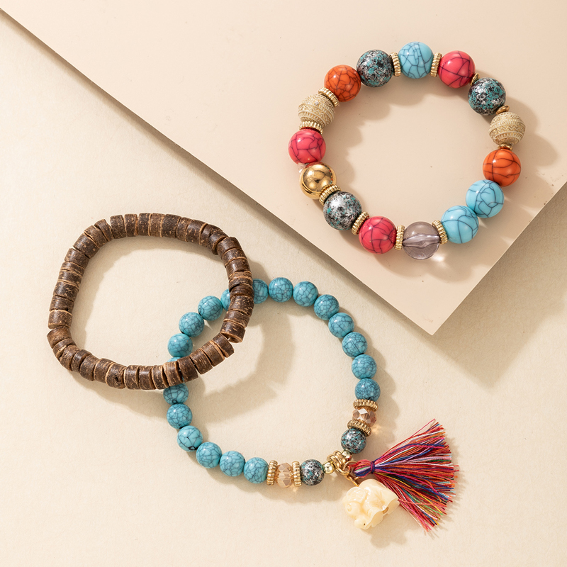 New Bohemian Style Tassel Small Elephant Wooden Beaded Bracelet 3 Pieces Set display picture 3