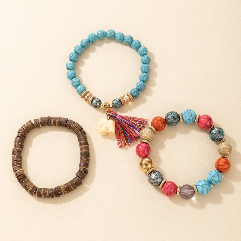 New Bohemian Style Tassel Small Elephant Wooden Beaded Bracelet 3 Pieces Set display picture 4