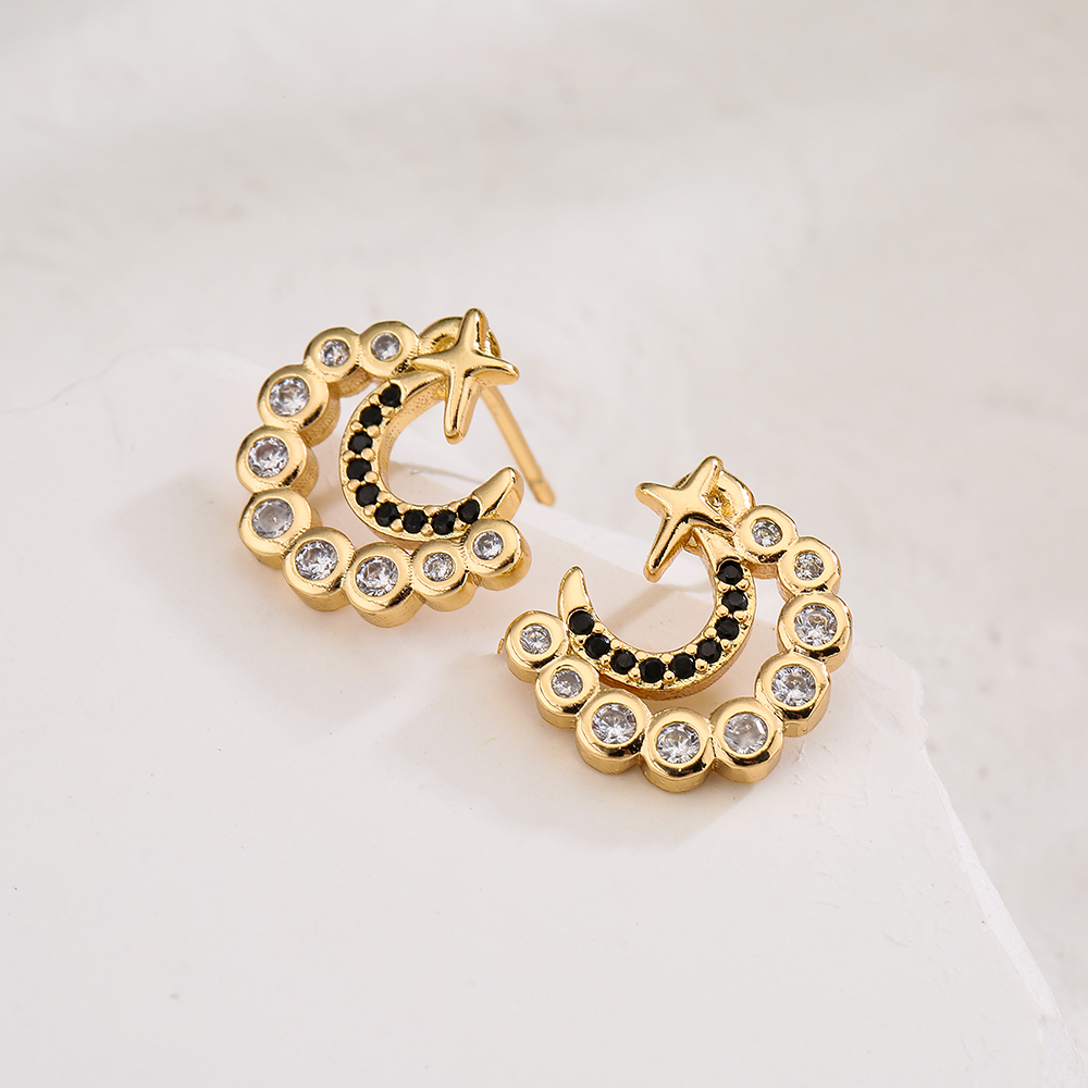 Fashion Copper Plated 18k Gold Micro Inlaid Zircon C-type Moon Star Ear Studs Earrings display picture 1