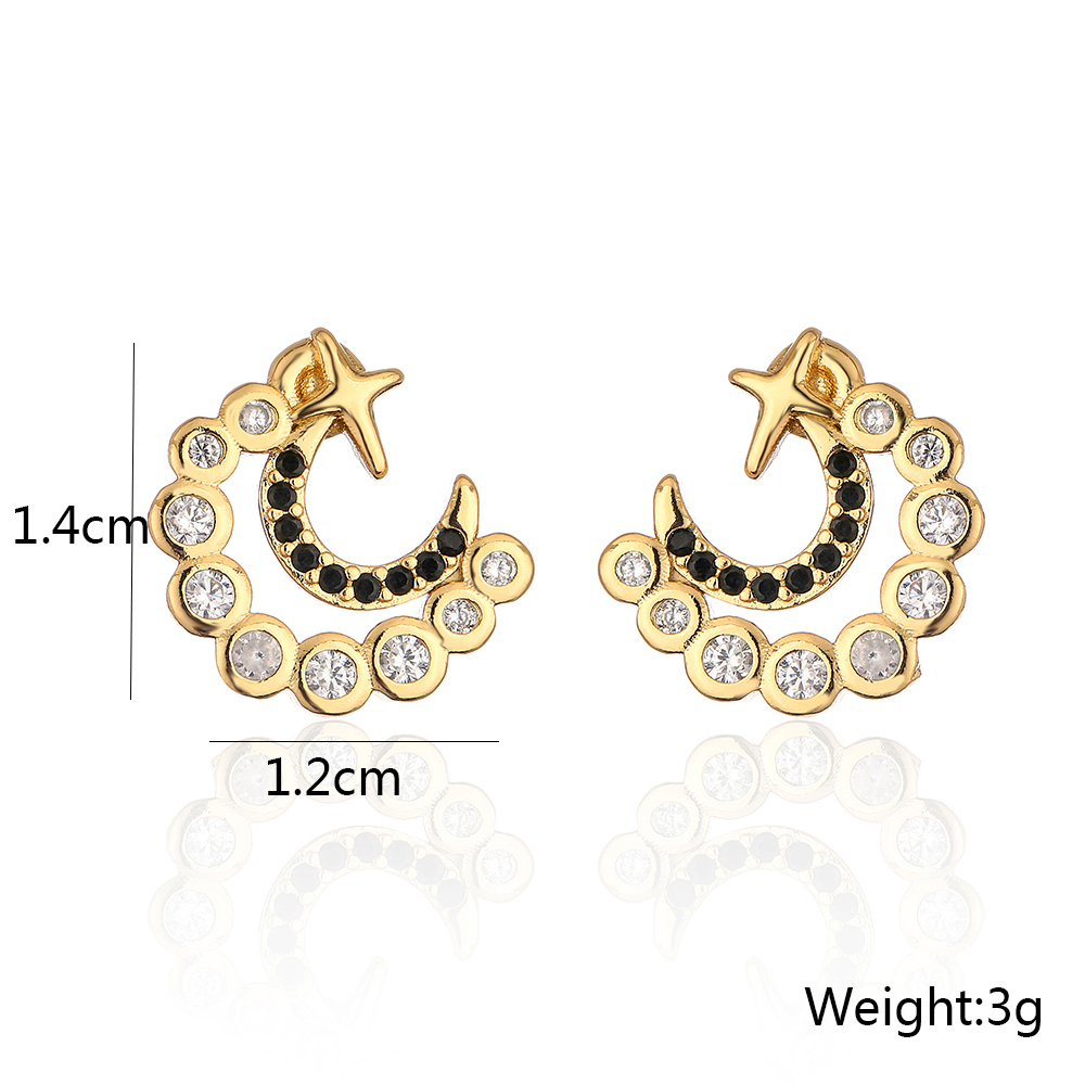 Fashion Copper Plated 18k Gold Micro Inlaid Zircon C-type Moon Star Ear Studs Earrings display picture 4