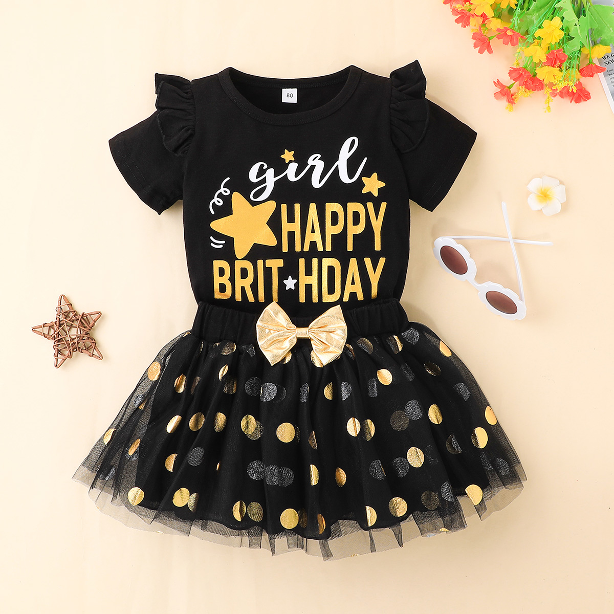 Cute Birthday Letter Crew Neck Short-sleeved T-shirt Tulle Skirt Two Piece Set display picture 1