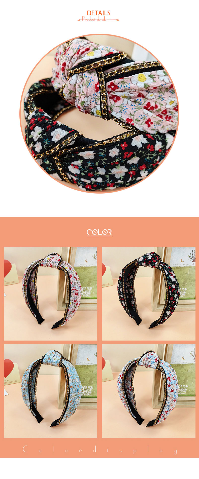 Vintage Style Wide Edge Metal Chain Floral Print Fabric Headband display picture 2