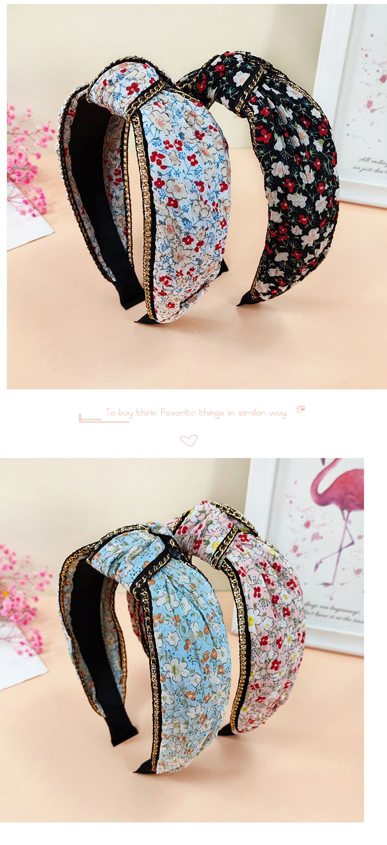 Vintage Style Wide Edge Metal Chain Floral Print Fabric Headband display picture 4