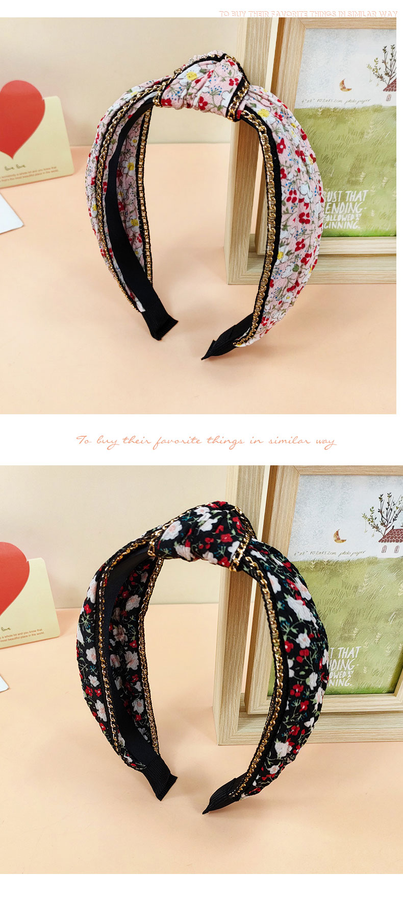Vintage Style Wide Edge Metal Chain Floral Print Fabric Headband display picture 5