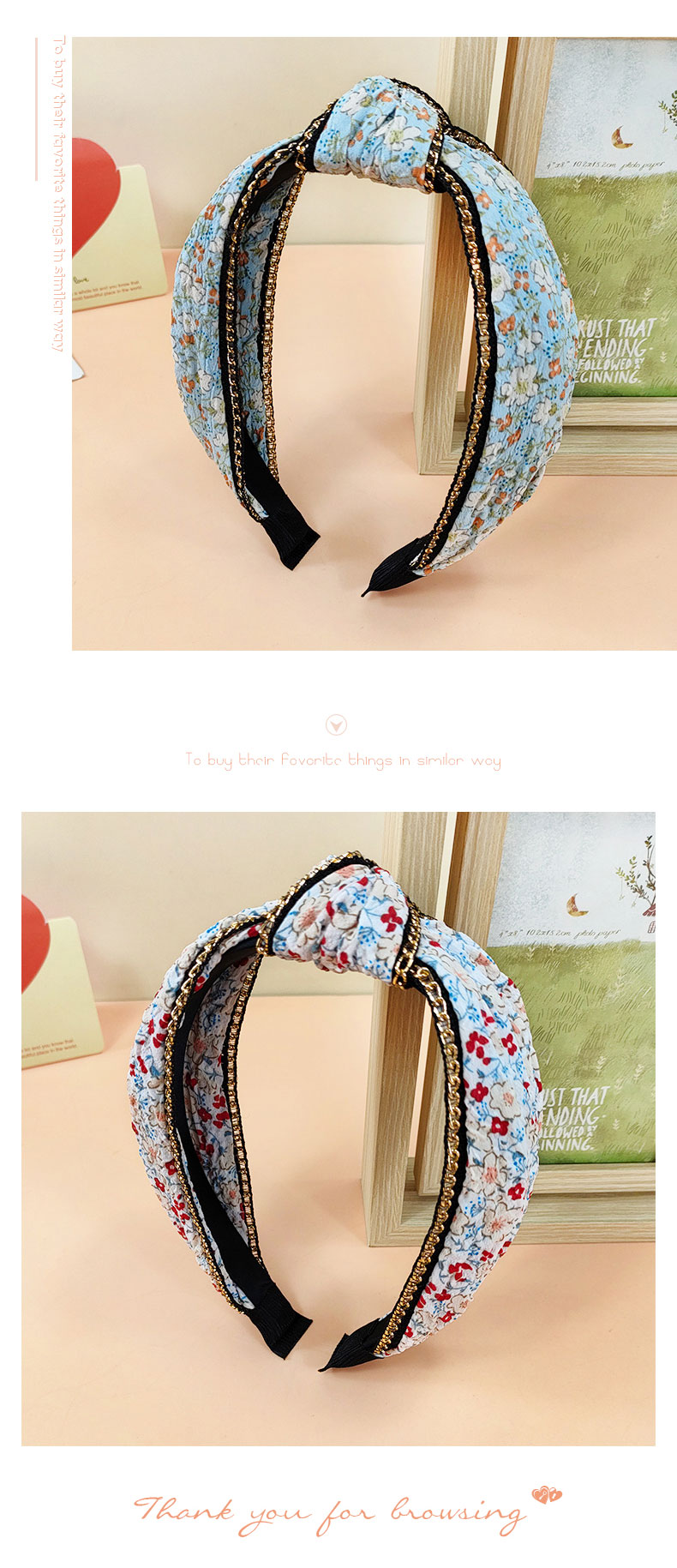 Vintage Style Wide Edge Metal Chain Floral Print Fabric Headband display picture 6
