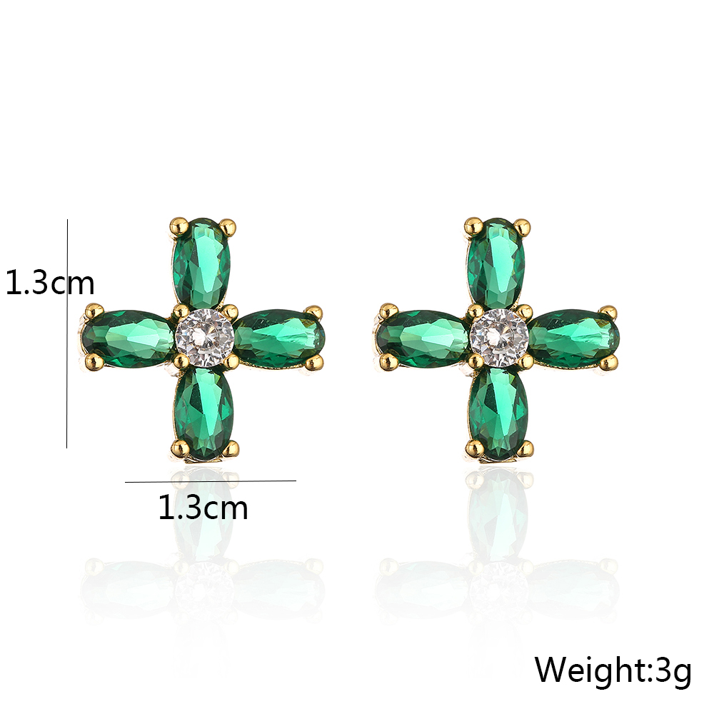 New Style Copper Plating 18k Gold Micro Inlaid Zircon Emerald Geometric Stud Earrings display picture 2
