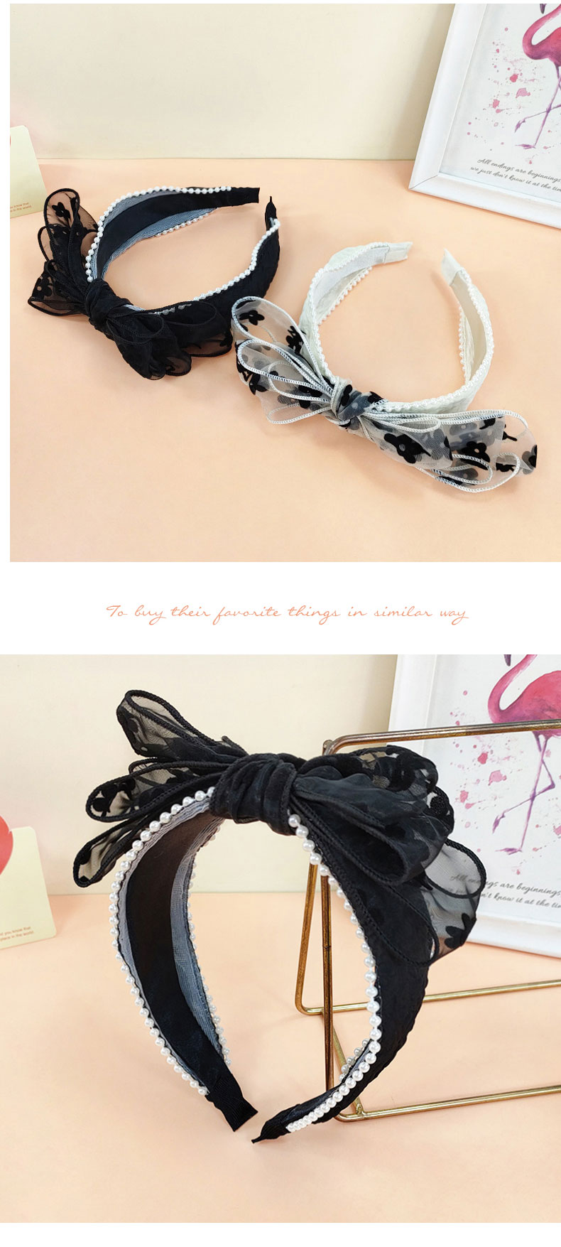 Retro Style Flocking Petal Bow Pearl Headband Hair Accessories display picture 5