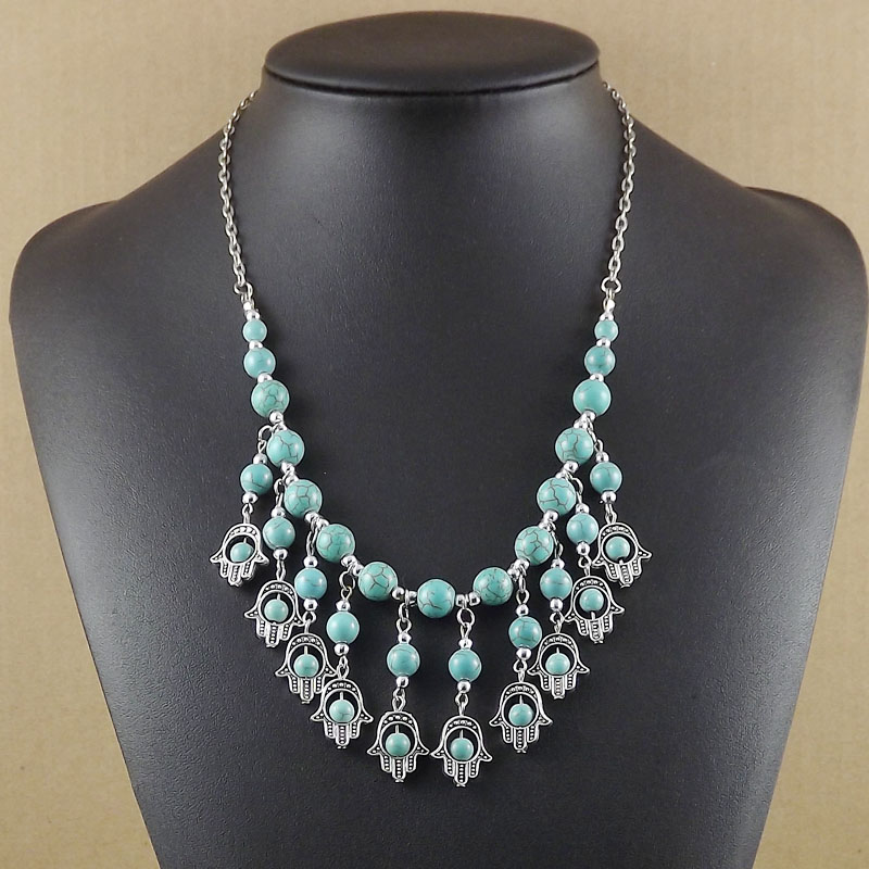 Vintage Ethnic Style Handmade Silver Turquoise Tassel Necklace display picture 2