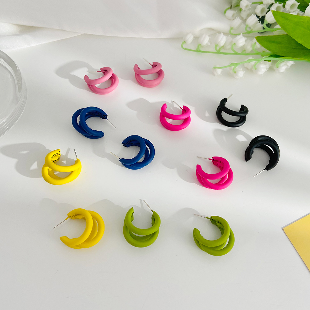 Korean Style Candy Color Circle Earrings Geometric Three-layer Half Ring Alloy Earrings display picture 5