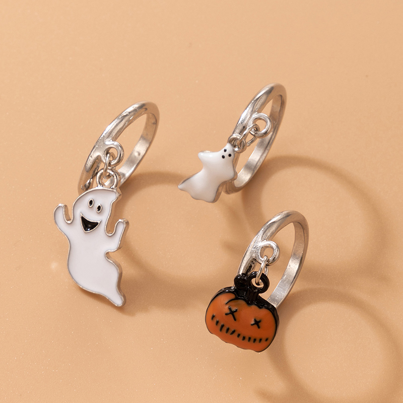 New White Ghost Orange Pumpkin Ghost Halloween Alloy Ring 3-piece Set display picture 4