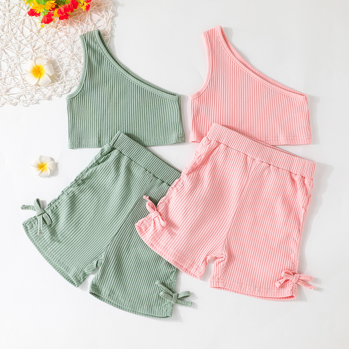 Summer Girls Sleeveless Solid Color One-shoulder Tops Pants Children's Set display picture 1