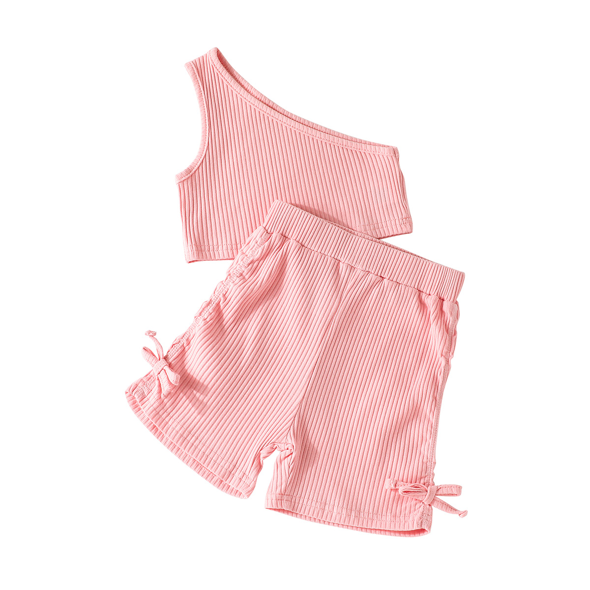 Summer Girls Sleeveless Solid Color One-shoulder Tops Pants Children's Set display picture 3