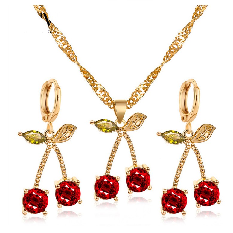 Simple Cute Fruit Gem Cherry Shaped Inlay Diamond Set Necklace Earrings display picture 2
