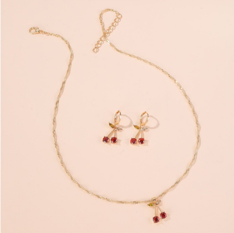 Simple Cute Fruit Gem Cherry Shaped Inlay Diamond Set Necklace Earrings display picture 5