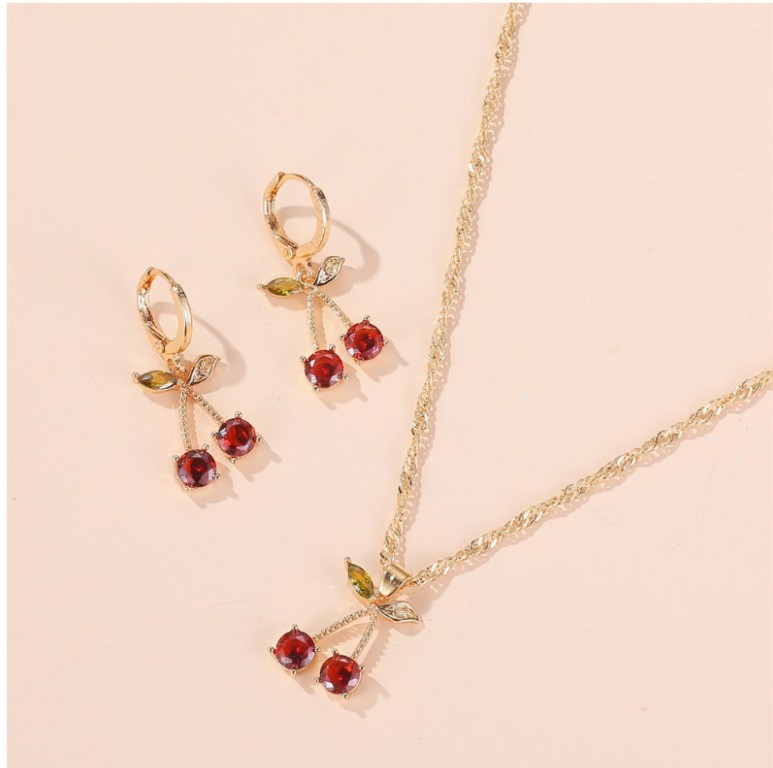 Simple Cute Fruit Gem Cherry Shaped Inlay Diamond Set Necklace Earrings display picture 6