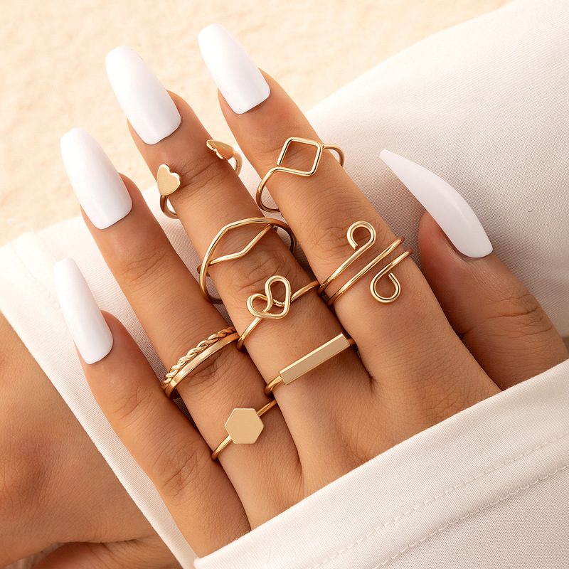 Jewelry Hollowed Heart Shape Simple Geometric Twist Alloy Ring Eight-piece Set display picture 2