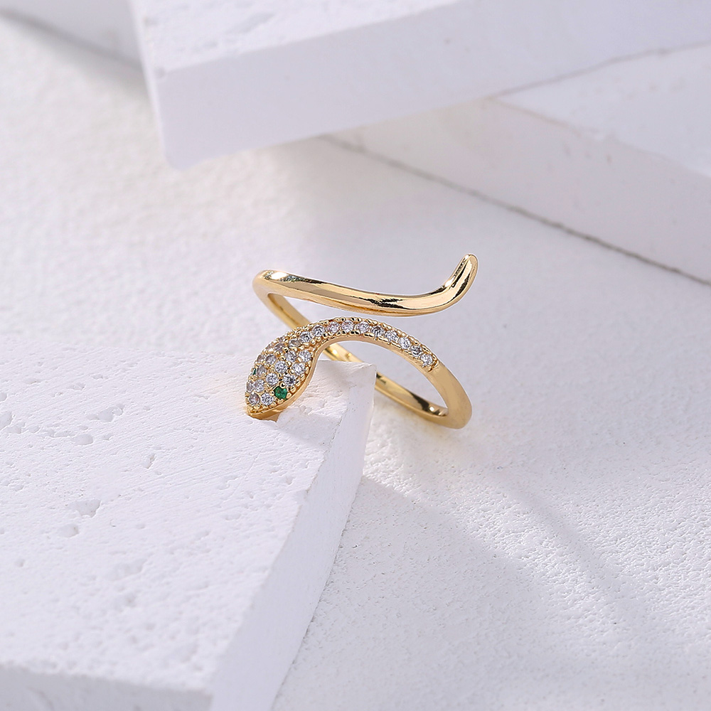 Fashion Adjustable Micro Inlaid Zircon Green Eyes Snake Opening Copper Ring display picture 2