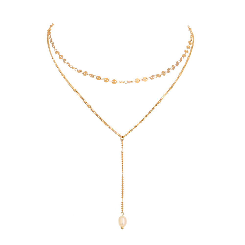 Mode Süße Doppel-schicht Perle Anhänger Schlüsselbein Kette Kupfer Halskette display picture 1