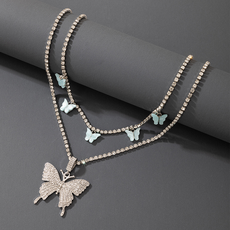 Fashion New Alloy Double-layer Butterfly Pendant Rhinestone Necklace display picture 3