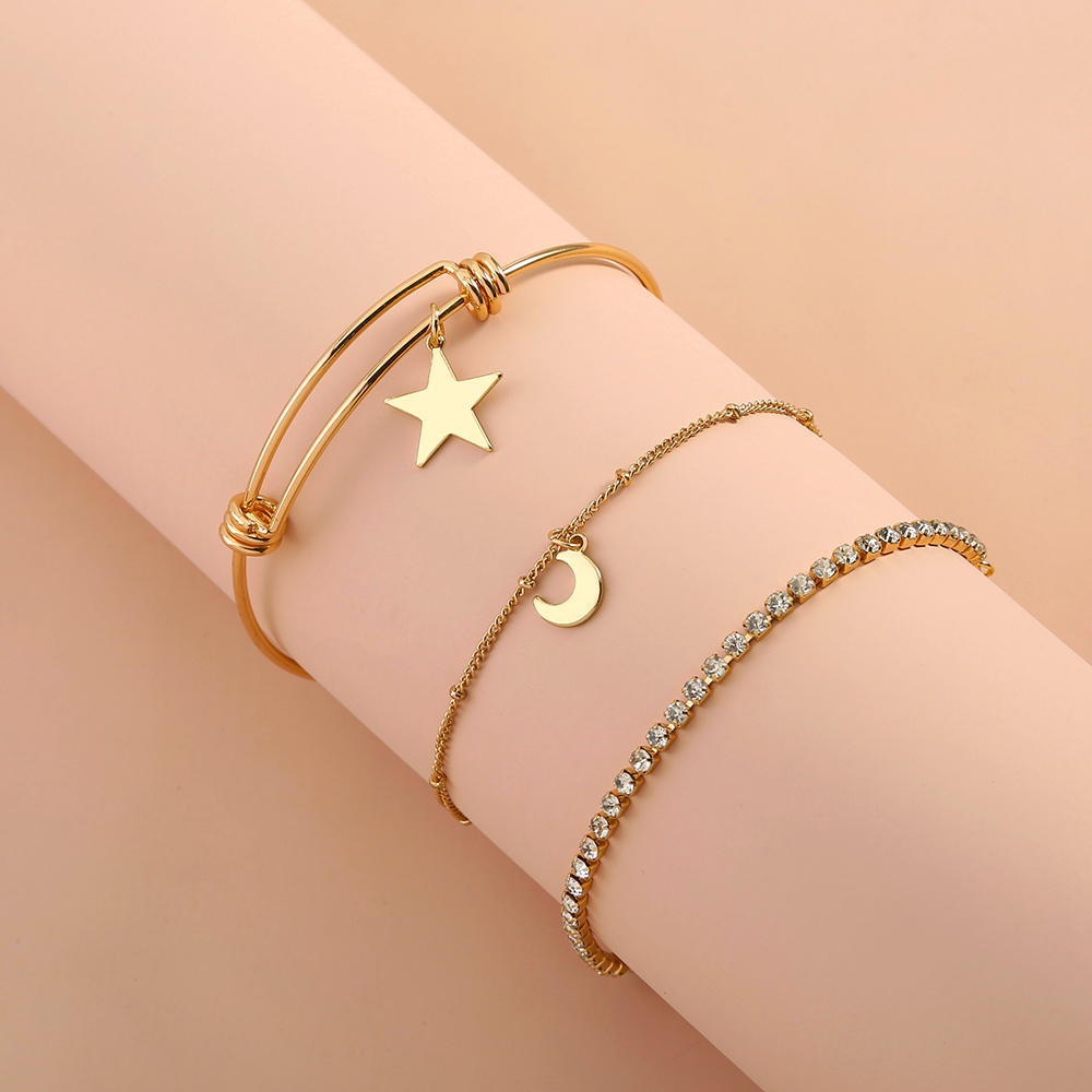 Nueva Pulsera De Aleación Con Incrustaciones De Apertura De Estrella De Luna De Moda Conjunto De Tres Piezas display picture 6