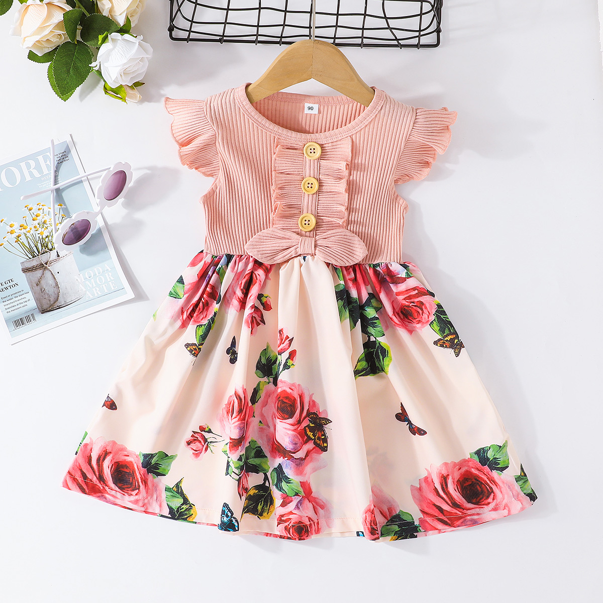 Fashion Girls' Summer Bow Sleeveless Printed Stitching Dress display picture 1
