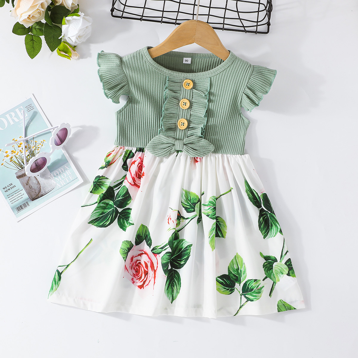 Fashion Girls' Summer Bow Sleeveless Printed Stitching Dress display picture 2