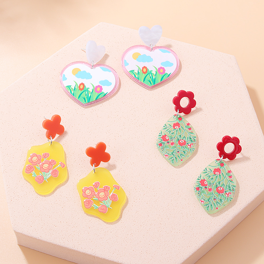New Embossed Painted Jelly Plate Flower Heart Irregular Acrylic Earrings display picture 3
