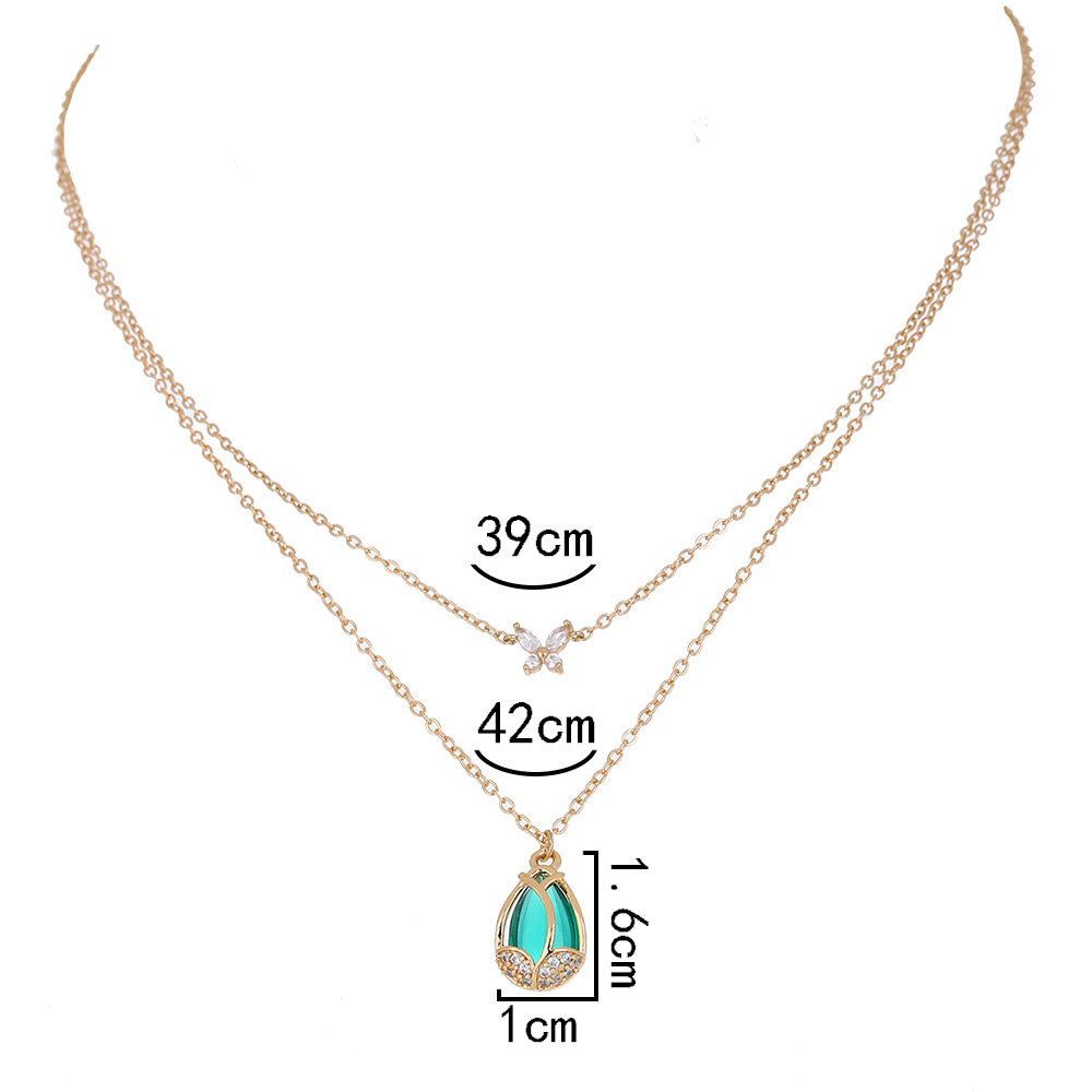 New Fashion Butterfly Water Drop Gem Dark Green Zircon Copper Necklace display picture 6