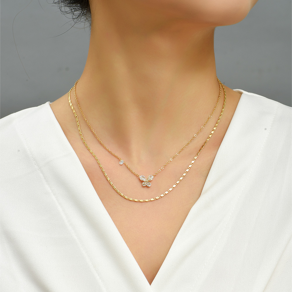 New Fashion Bow Pendant Zircon Clavicle Chain Double Layer Copper Necklace Suit display picture 8