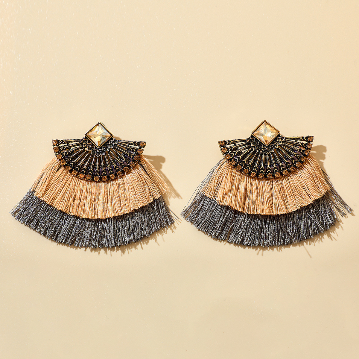 Ethnic Style Inlaid Imitation Opal Tassel Fan-shaped Earrings display picture 3