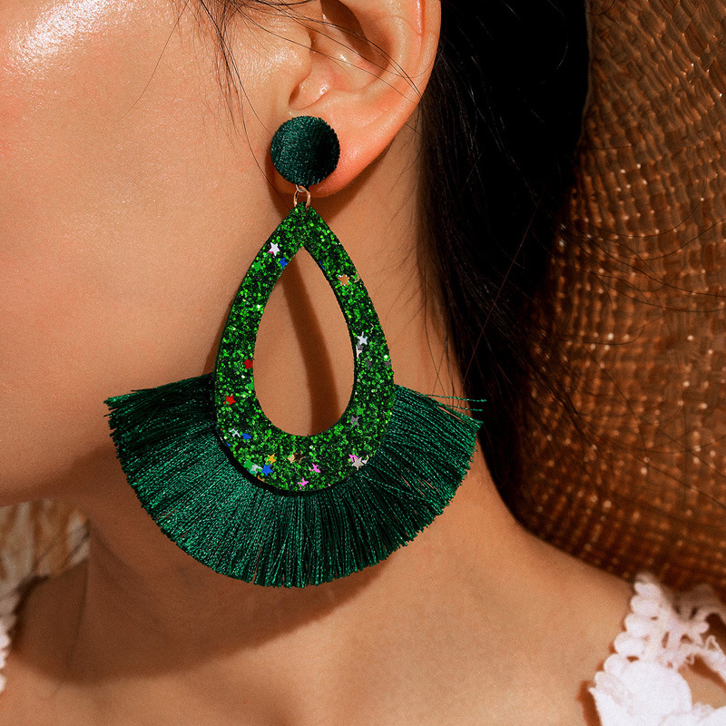Ethnic Style Inlaid Imitation Opal Tassel Fan-shaped Earrings display picture 8