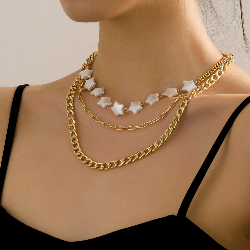 Fashion Elegant Gold Plated White Star Beaded Multi-layer Clavicle Chain Necklace display picture 1