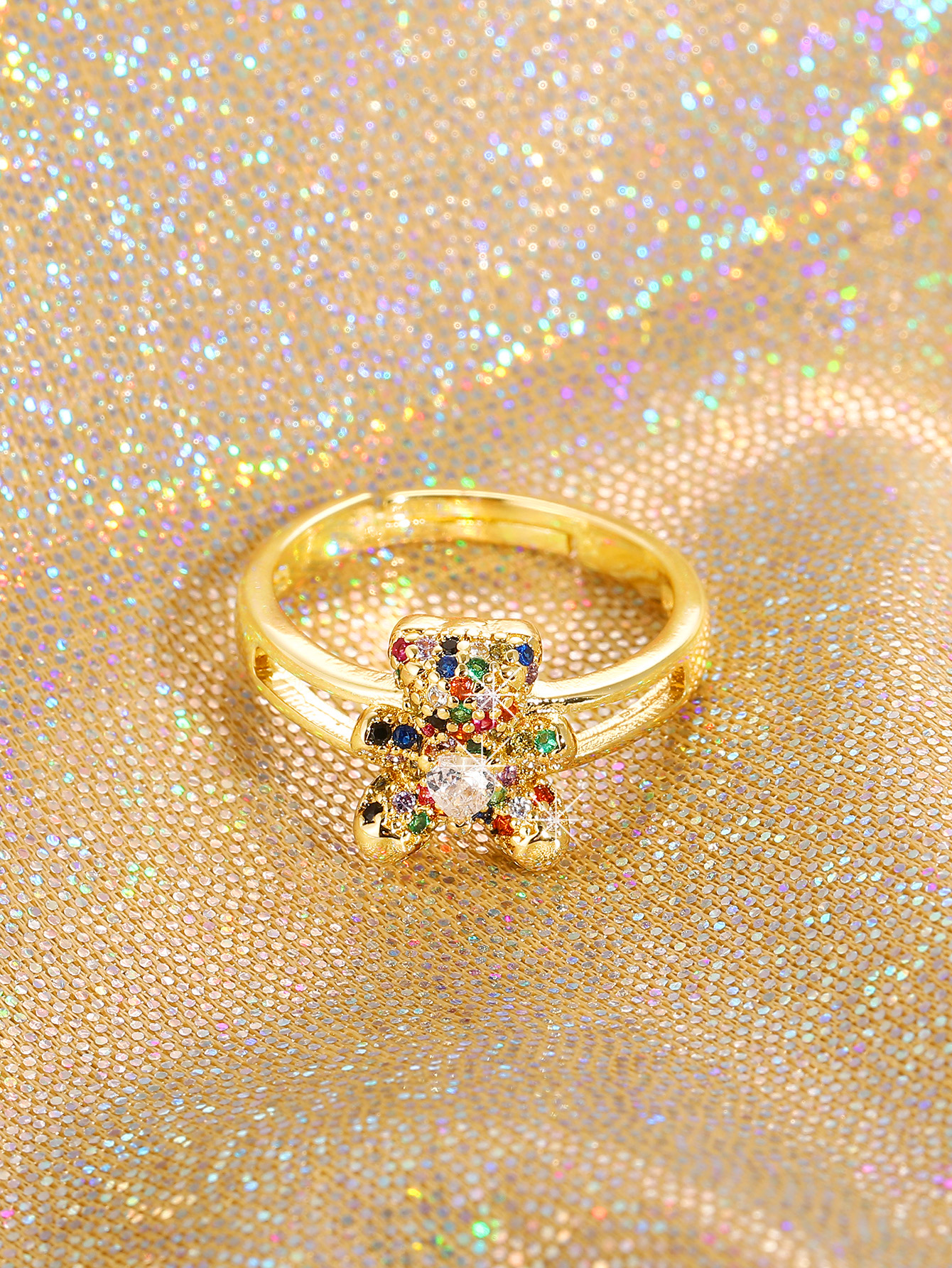 New Fashion Bear Plating 18k Golden Zircon Adjustable Copper Ring display picture 1