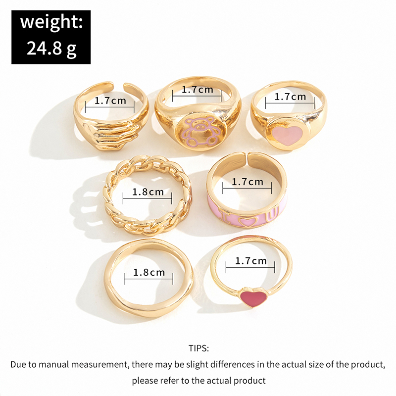 2022 Neue Mode Zarte Rosa Tropft Öl Herz Bär Farbe Passenden Ring 7-stück Set display picture 2