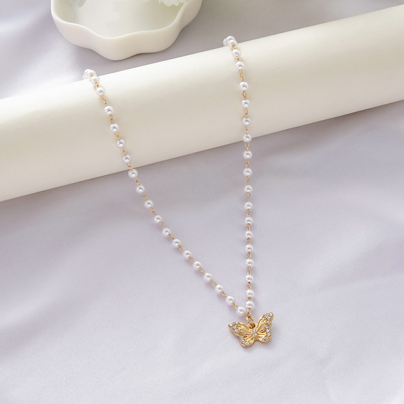 Mode Elegante Imitation Perle Perlen Strass Intarsien Schmetterling Anhänger Schlüsselbein Kette Halskette display picture 3