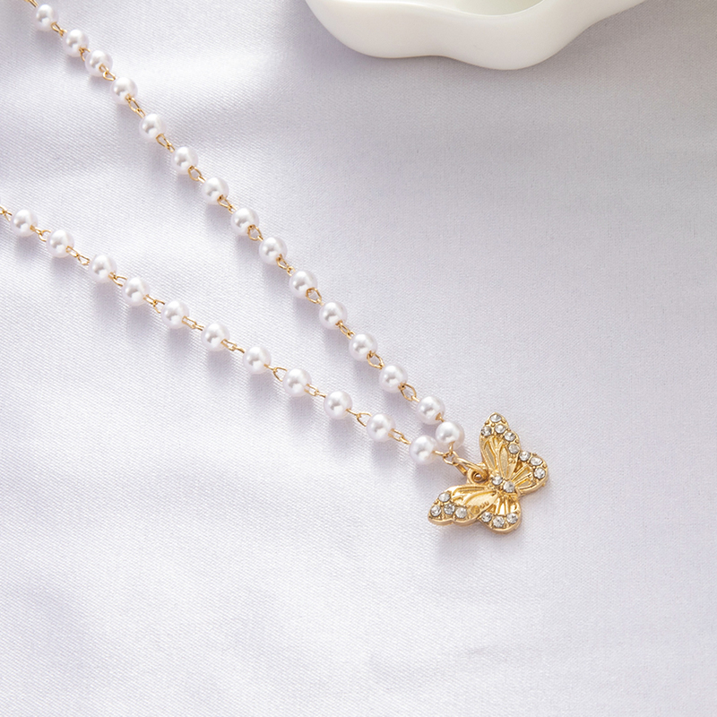 Mode Elegante Imitation Perle Perlen Strass Intarsien Schmetterling Anhänger Schlüsselbein Kette Halskette display picture 5