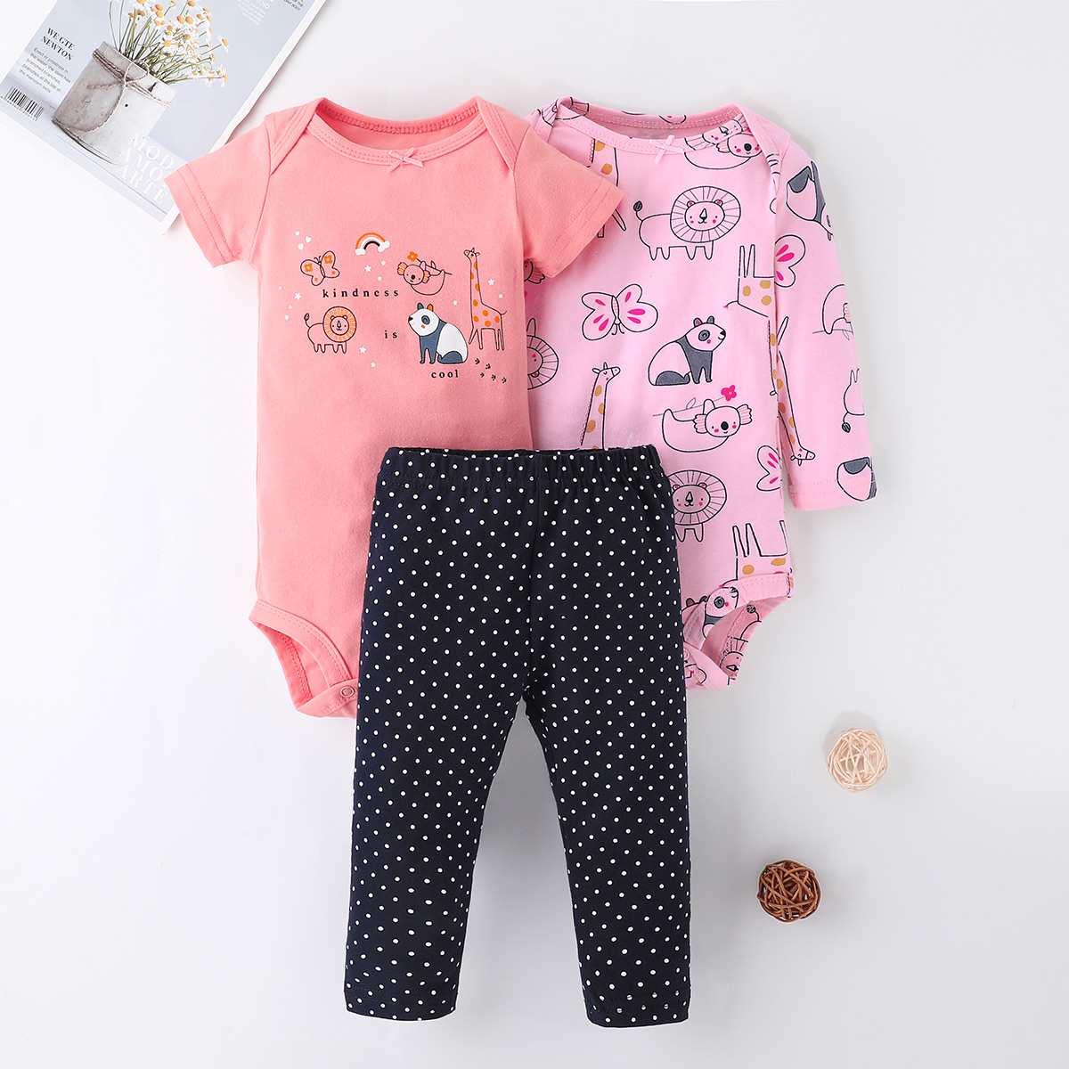 Baby Tier Print Romper Schwarz Dot Print Hosen Drei-stück Anzug display picture 2