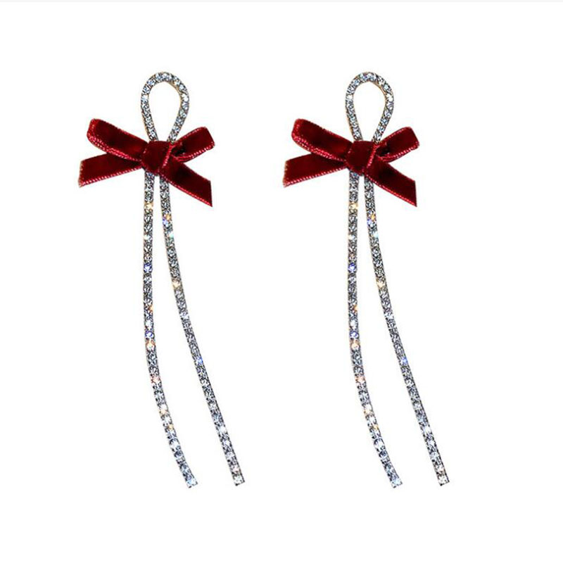 Fashion Full Diamond Solid Color Bow Long Tassel Rhinestone Earrings display picture 3