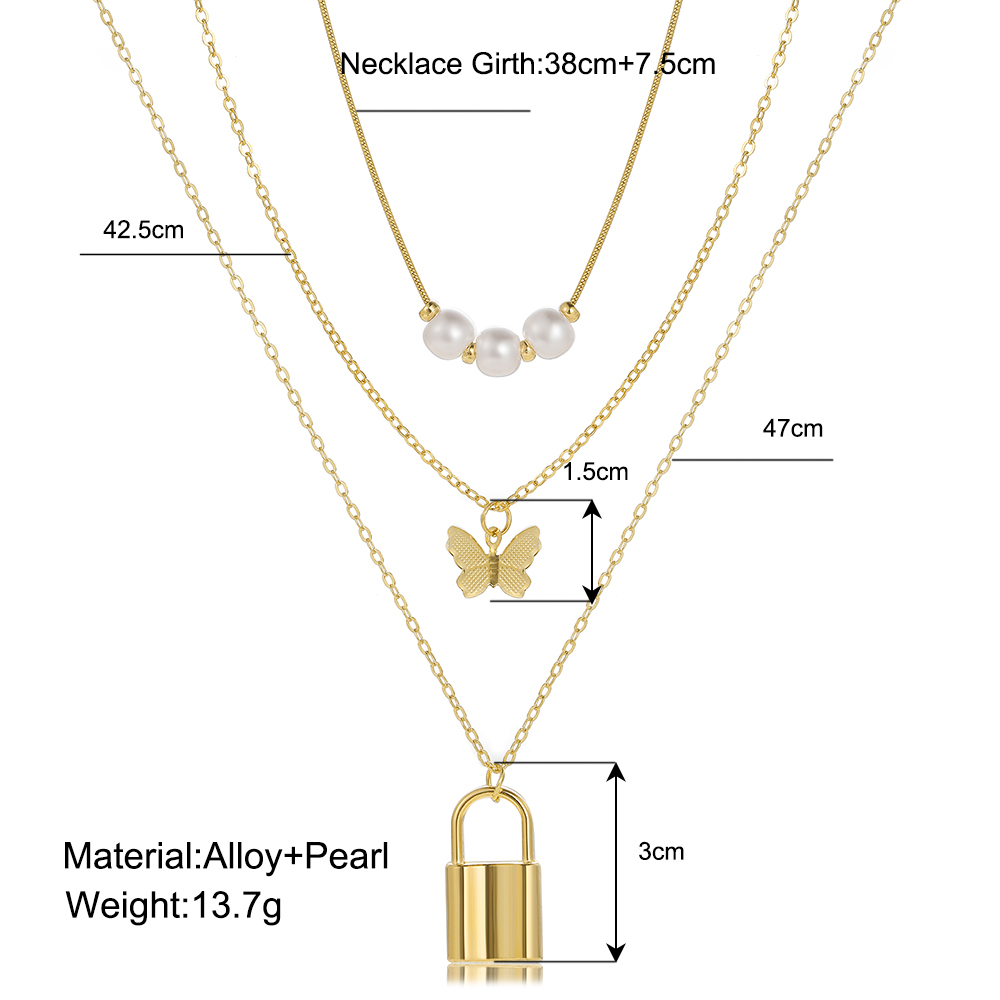 New Fashion Golden Lock Butterfly Shape Pearl Alloy Three-layer Necklace Set display picture 1