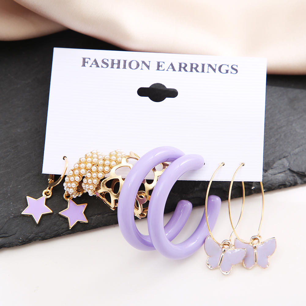 New Fashion Purple Pentagram Butterfly Shape Pearl Butterfly 5-piece Hoop Earrings Set display picture 3