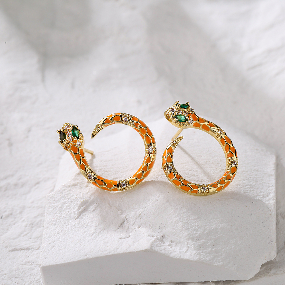 Retro Bohemian Style Snake Shape Copper Plating 18k Gold Drop Oil Zircon Earrings display picture 2