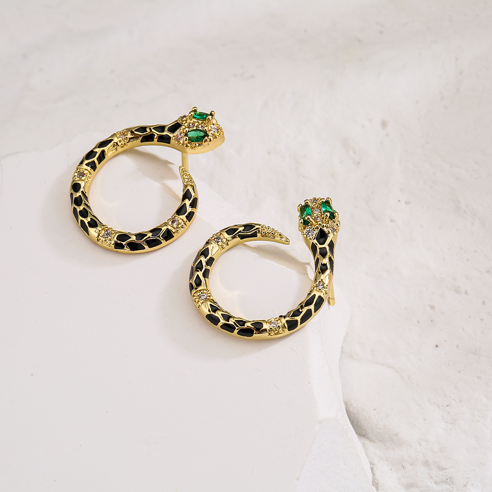 Retro Bohemian Style Snake Shape Copper Plating 18k Gold Drop Oil Zircon Earrings display picture 3